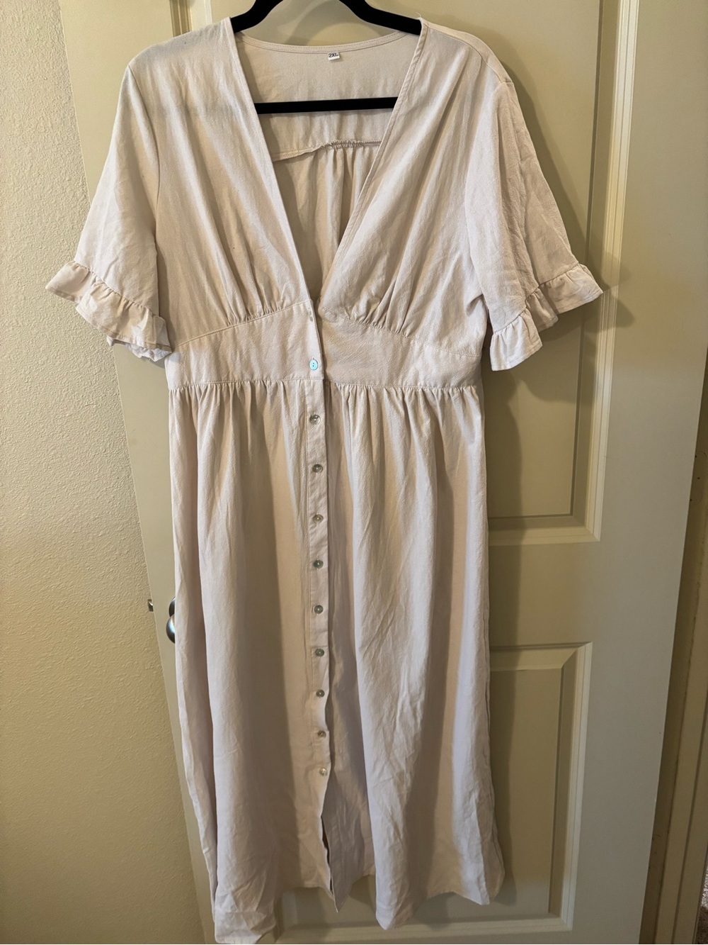 Light Cream Button-Front Midi Dress with Ruffle Sleeves 100% cotton